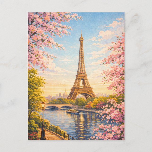 Paris France Eiffel Tower Spring Cherry Blossoms Postcard (Front)