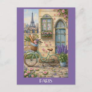 Paris France Eiffel Tower Vintage Bike Floral Postcard