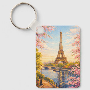 Paris France Eiffel Tower Vintage Cherry Blossoms Key Ring