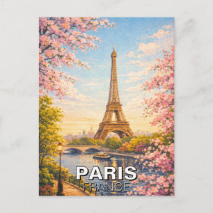 Paris France Eiffel Tower Vintage Cherry Blossoms Postcard