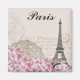 Paris France Eiffel Tower Vintage Pink Flowers Magnet