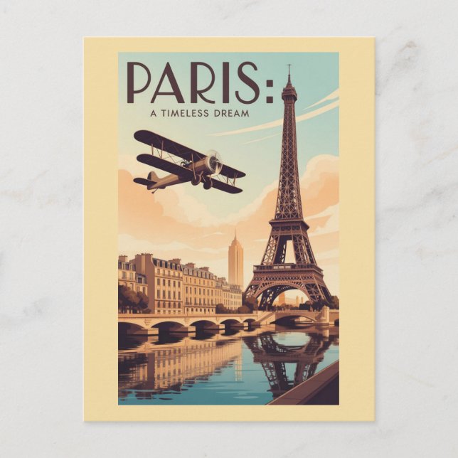 Paris France Eiffel Tower Vintage Plane Travel Postcard (Front)
