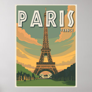 Paris France Eiffel Tower Vintage Travel Poster