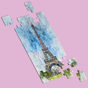 Paris France Eiffel Tower Watercolor Jigsaw Puzzle