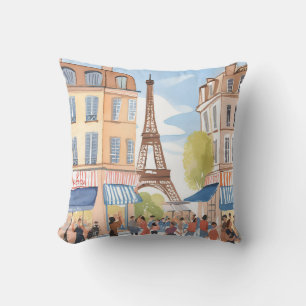 Paris France Eiffel Tower   Watercolor Painting Cushion
