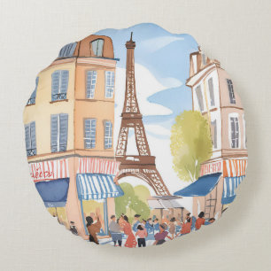 Paris France Eiffel Tower   Watercolor Travel Round Cushion