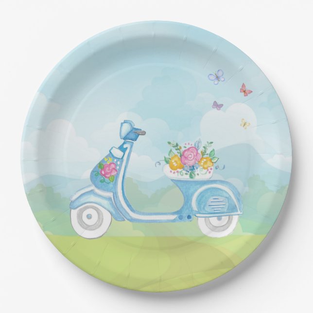 Paris France Eiffel Tower with Scooter party theme Paper Plate (Front)