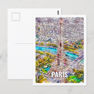Paris France Famous Travel Place Watercolor Postcard