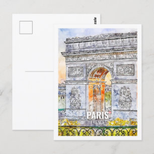 Paris France Famous Travel Place Watercolor Postcard