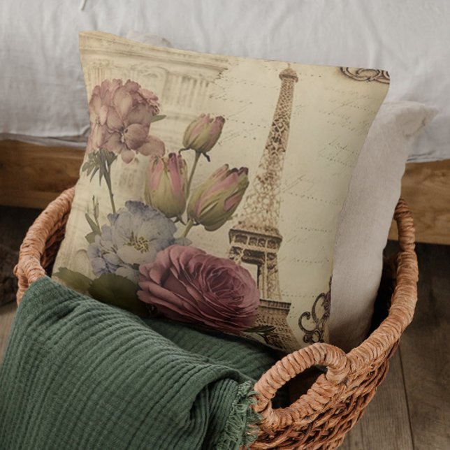 Paris France French Eiffel Tower Floral Collage Cushion (Creator Uploaded)