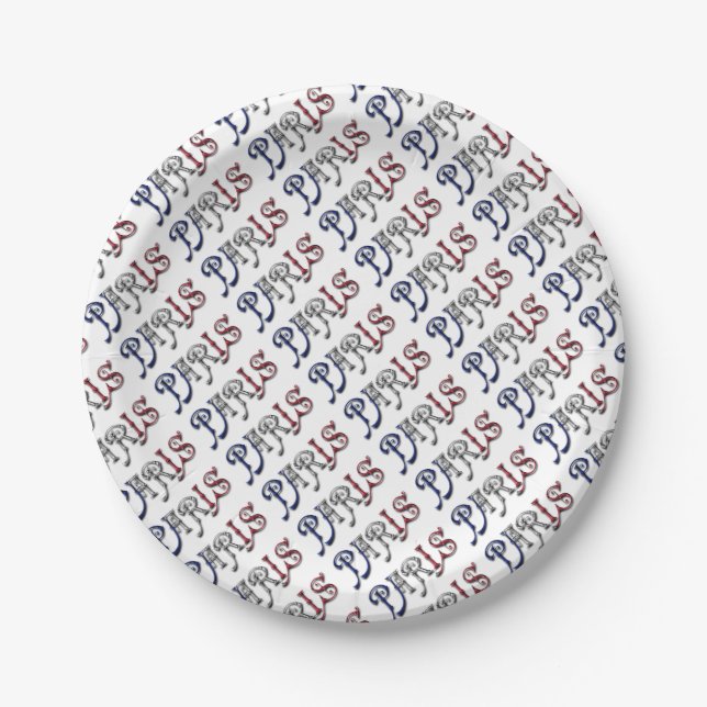 Paris France French Flag Colours Typography Paper Plate (Front)