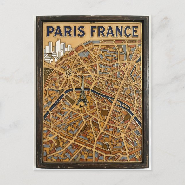 Paris France Hand-Painted Enamel Map Art Postcard (Front)