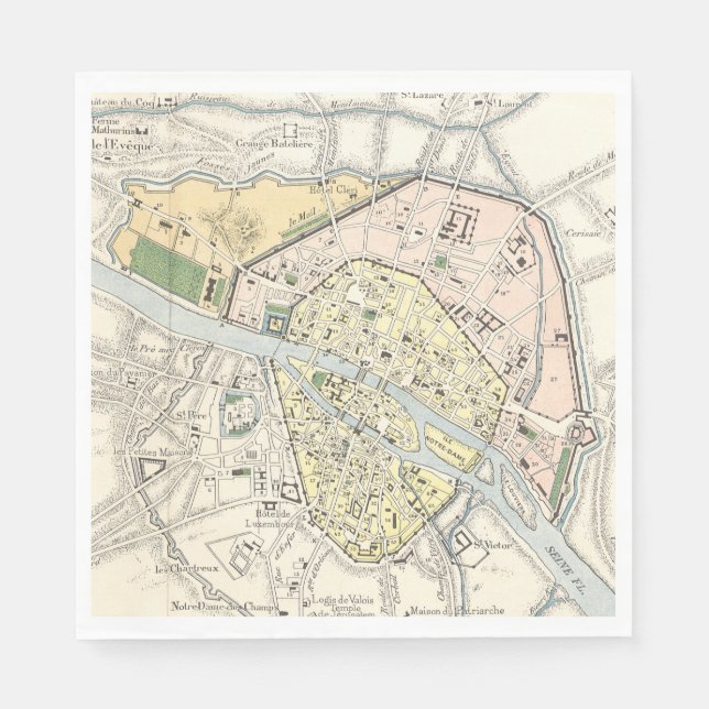 Paris, France: Historical, Vintage Map Napkin (Front)