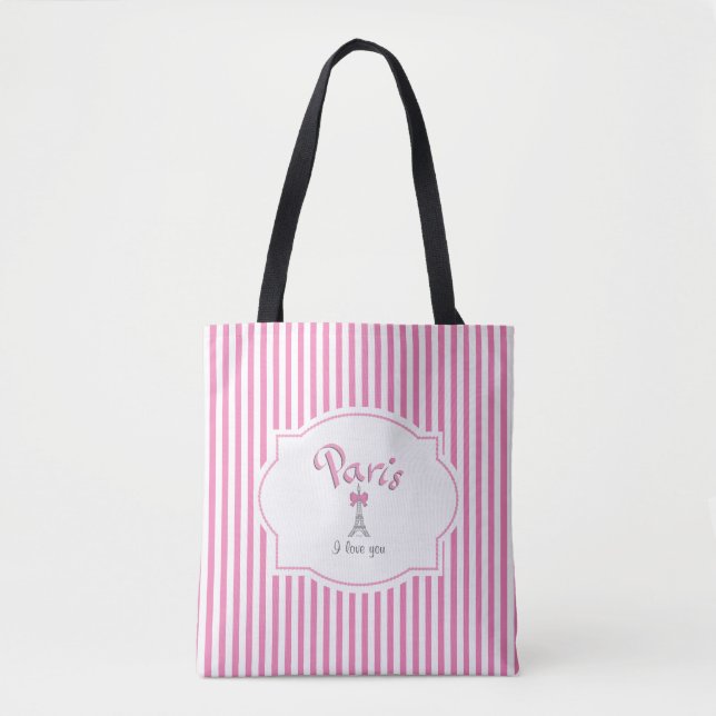 Paris, France, I love you, Pink Stripes Tote Bag (Front)