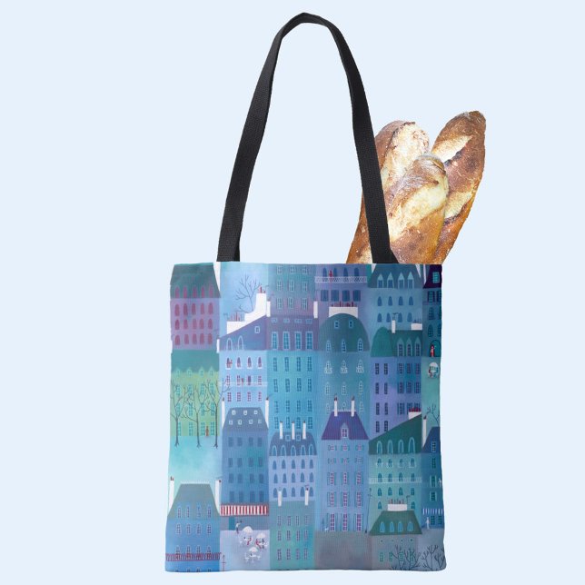 Paris France Modern Cityscape Painting Tote Bag (Paris cityscape blue tote bag)