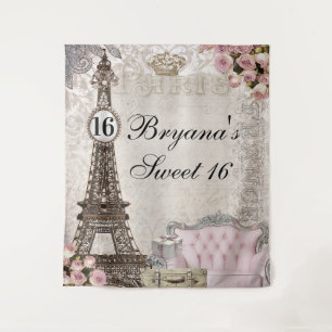 Paris France Pink Roses Sweet 16 Party Backdrop Tapestry