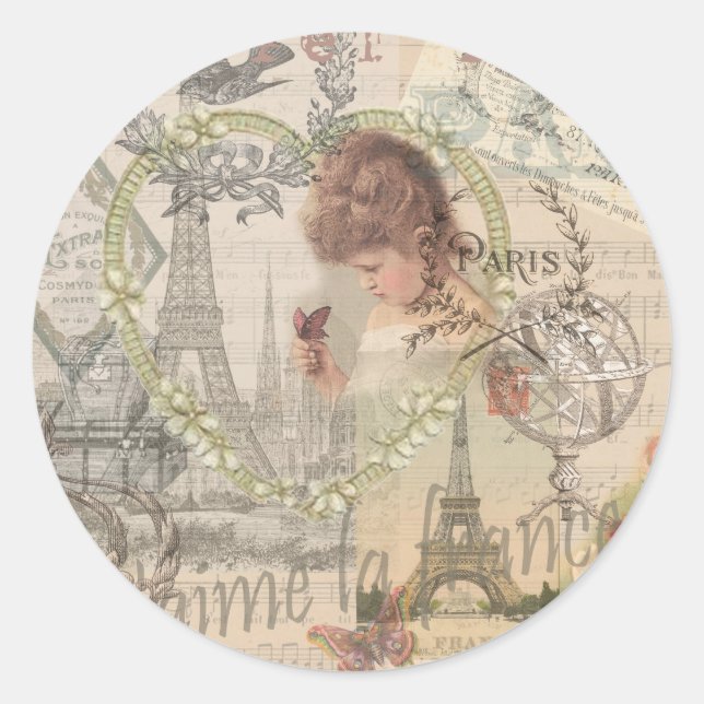 Paris France Pretty Girl Eiffel Classic Round Sticker (Front)