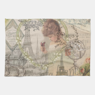 Paris France Pretty Girl Eiffel Tea Towel
