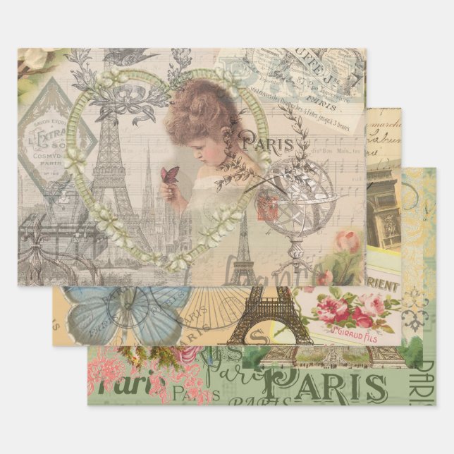 Paris France Pretty Girl Eiffel Wrapping Paper Sheet (Set)
