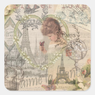 Paris France Pretty Girl Soft Eiffel Square Sticker