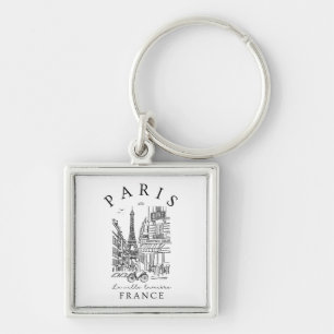 Paris France –  Sketch with Eiffel Tower & Café Key Ring