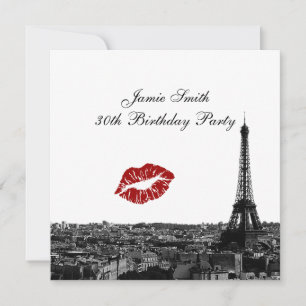 Paris France Skyline Kiss #1 BW Birthday Invitation