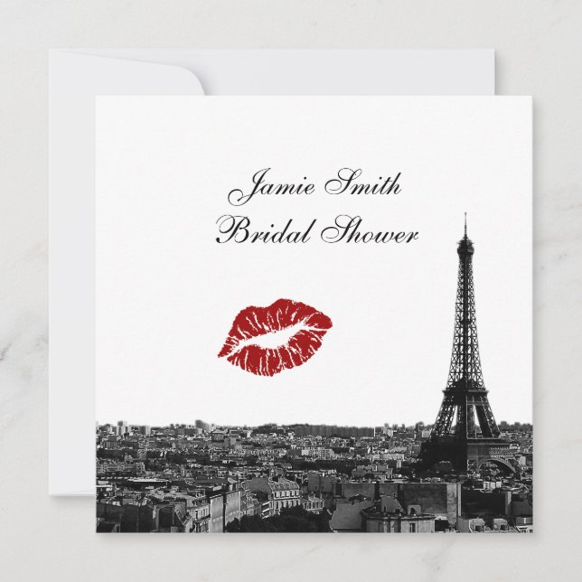 Paris France Skyline Kiss #1 BW Bridal Shower Invitation (Front)