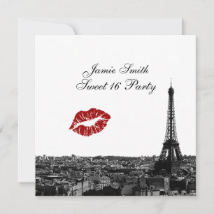Paris France Skyline Kiss #1 BW Sweet 16 Invitation