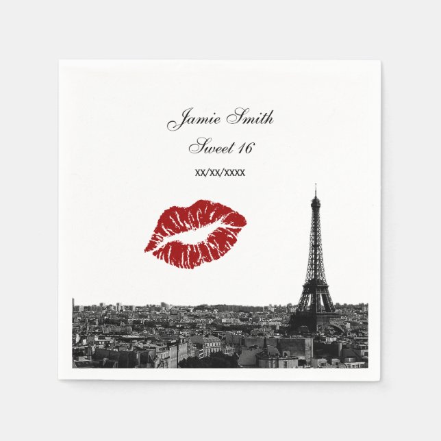 Paris France Skyline Kiss #1 BW Sweet 16 Napkin (Front)