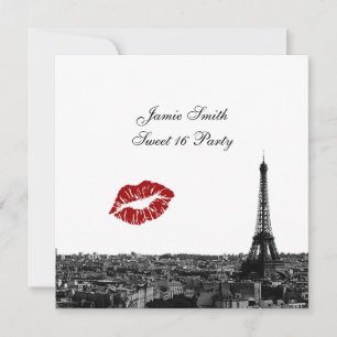 Paris France Skyline Kiss #1 BW Sweet 16 V Invitation