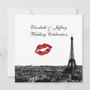 Paris France Skyline Kiss #1 BW Wedding Invitation