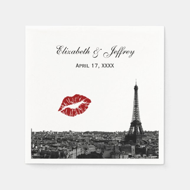 Paris France Skyline Kiss #1 BW Wedding Napkin (Front)