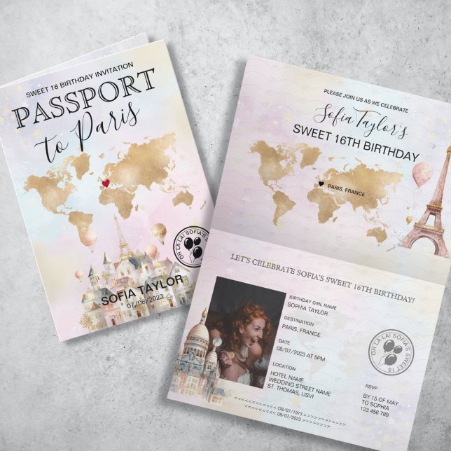 Paris France Sweet 16 Birthday Passport Invitation (pastel color passport with gold world map and Paris illustrations sweet 16th birthday invitation)