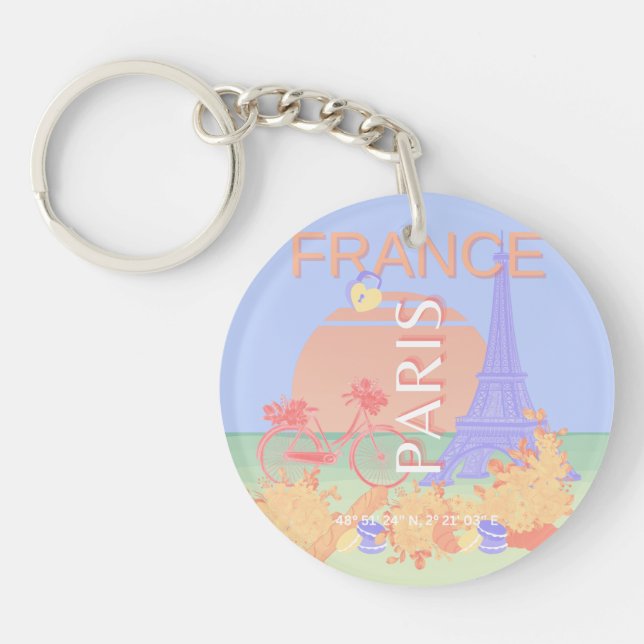 Paris, France, Travel Art, Preppy, Pastel, Blue Key Ring (Front)