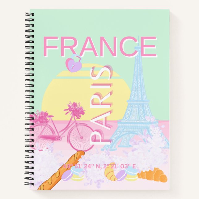 Paris, France, Travel Art, Preppy, Pastel, Green Notebook (Front)
