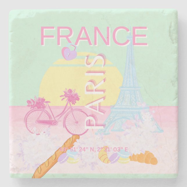 Paris, France, Travel Art, Preppy, Pastel, Green Stone Coaster (Front)