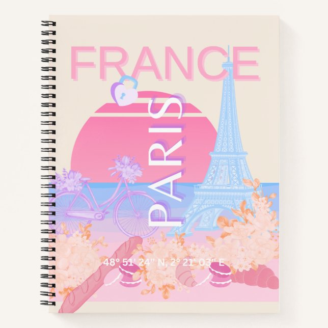 Paris, France, Travel Art, Preppy, Pastel Notebook (Front)