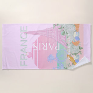 Paris, France, Travel Art, Preppy, Pastel, Pink Beach Towel