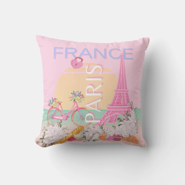Paris, France, Travel Art, Preppy, Pastel, Pink Cushion (Front)
