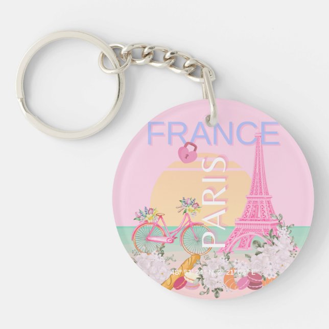 Paris, France, Travel Art, Preppy, Pastel, Pink Key Ring (Front)