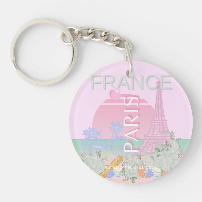 Paris, France, Travel Art, Preppy, Pastel, Pink Key Ring (Front)
