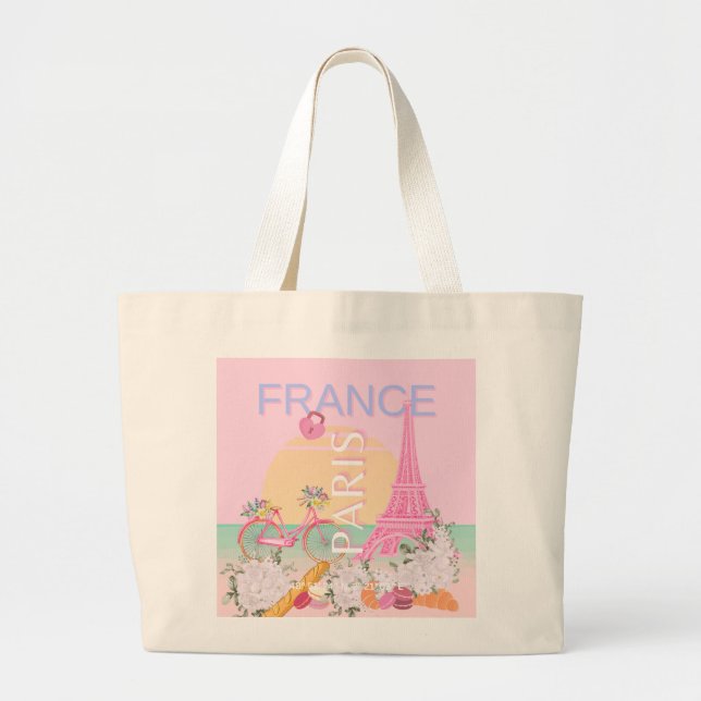 Paris, France, Travel Art, Preppy, Pastel, Pink Large Tote Bag (Front)
