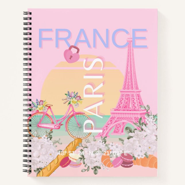 Paris, France, Travel Art, Preppy, Pastel, Pink Notebook (Front)