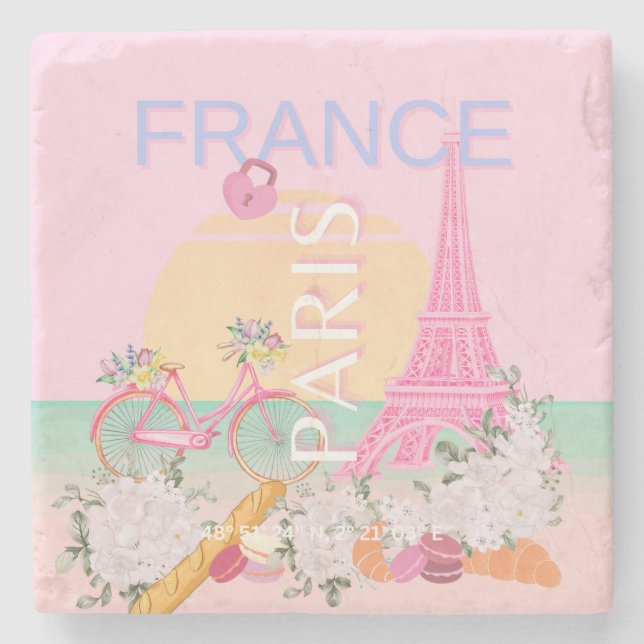 Paris, France, Travel Art, Preppy, Pastel, Pink Stone Coaster (Front)