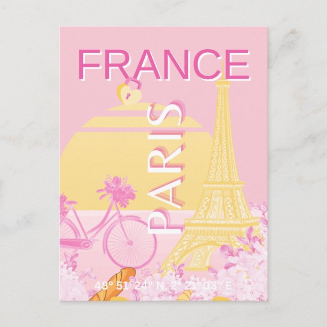 Paris, France, Travel Art, Preppy, Pink Holiday Postcard (Front)