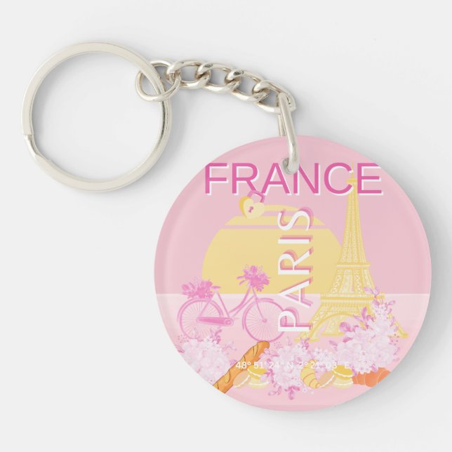 Paris, France, Travel Art, Preppy, Pink Key Ring (Front)