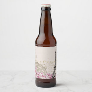Paris France Travel Design with Eiffel Pink Roses Beer Bottle Label