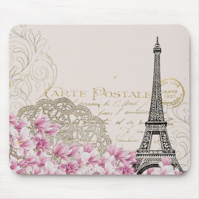 Paris France Travel Design with Eiffel Pink Roses Mouse Mat (Front)