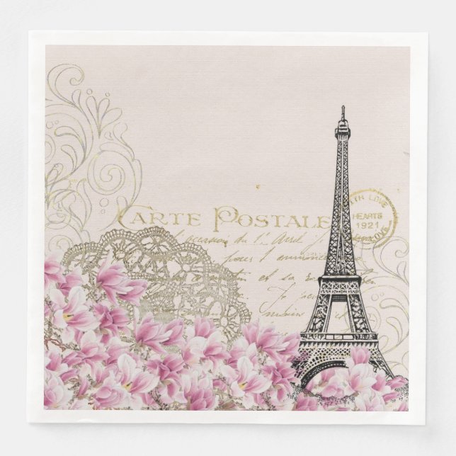 Paris France Travel Design with Eiffel Pink Roses Napkin (Front)