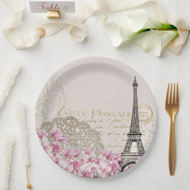 Paris France Travel Eiffel Tower with Rose Flowers Paper Plate (Wedding)